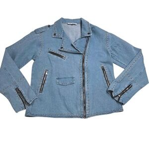 NWOT CEZELE Collection Studded Denim Moto Jacket Light Wash Womens Size S